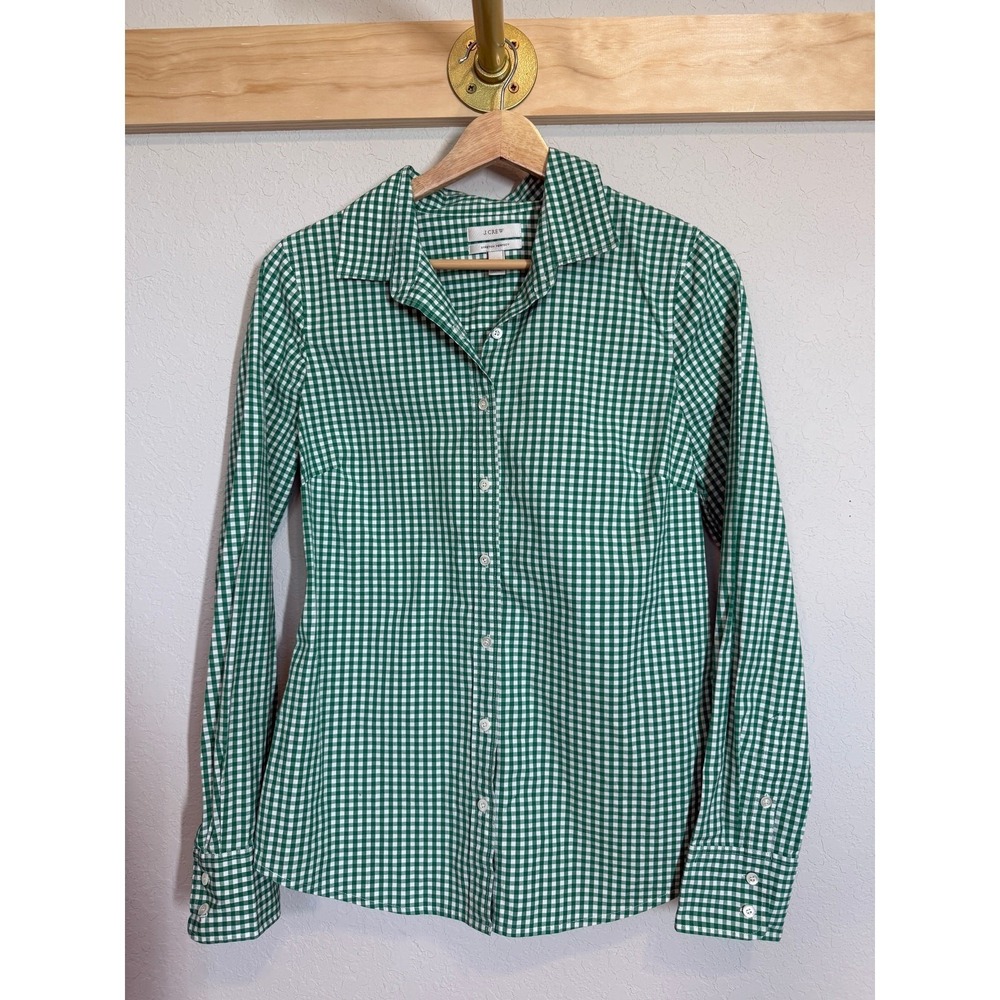 Women's J. Crew Green and White Gingham Stretch Perfect Button Down Size S - Picture 2 of 9